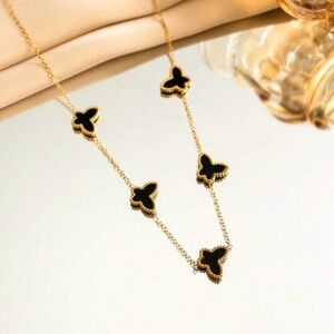 18 Karat Gold-Plated Necklace with Black Butterfly Clover Motifs - Women Jewelry
